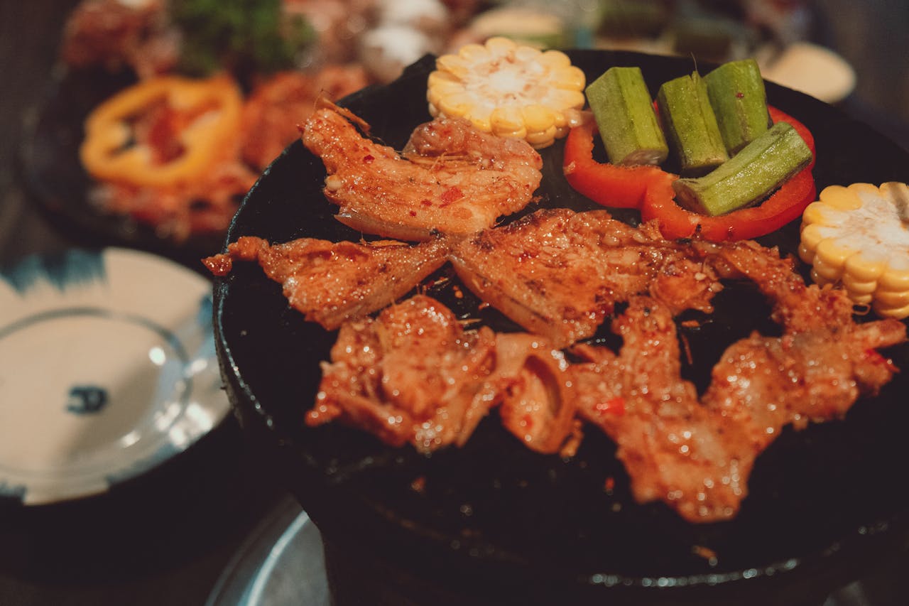 Delicious grilled lamb with vegetables at a restaurant in Dalat, Vietnam.